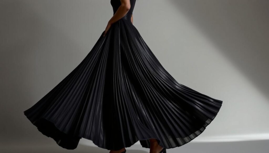 A graceful hime skirt silhouette stands elegantly in the spotlight, its pleated layers cascading in a flowing, shimmering black that catches the gentle illumination from overhead. The skirt's high waistline creates a striking profile, accentuated by a sleek, fitted black top that flows seamlessly into the skirt's voluminous shape. The composition is captured from a slightly elevated angle, highlighting the refined, sophisticated lines of this timeless fashion ensemble. Soft, diffused lighting casts subtle shadows that enhance the depth and dimension of the scene, evoking a sense of refined elegance and poise.