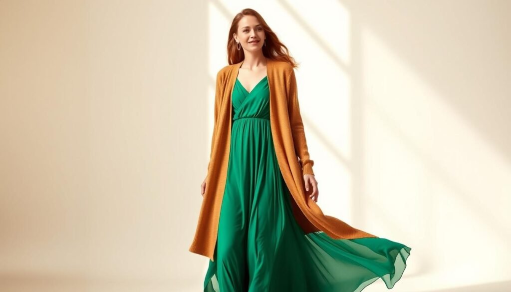 A graceful model stands in a sunlit studio, dressed in a long cardigan and flowing dress that harmonize in complementary hues. The cardigan, a warm camel tone, drapes elegantly over the model's shoulders, creating a cozy yet chic silhouette. The dress, a vibrant emerald green, cascades gently around the model's figure, accentuating her natural curves. The lighting is soft and diffused, casting a gentle glow that highlights the textures of the fabrics. The camera captures the ensemble from a slightly elevated angle, creating a sense of balance and elegance. The overall mood is one of effortless sophistication, showcasing the beauty of color coordination in long cardigan and dress pairings.