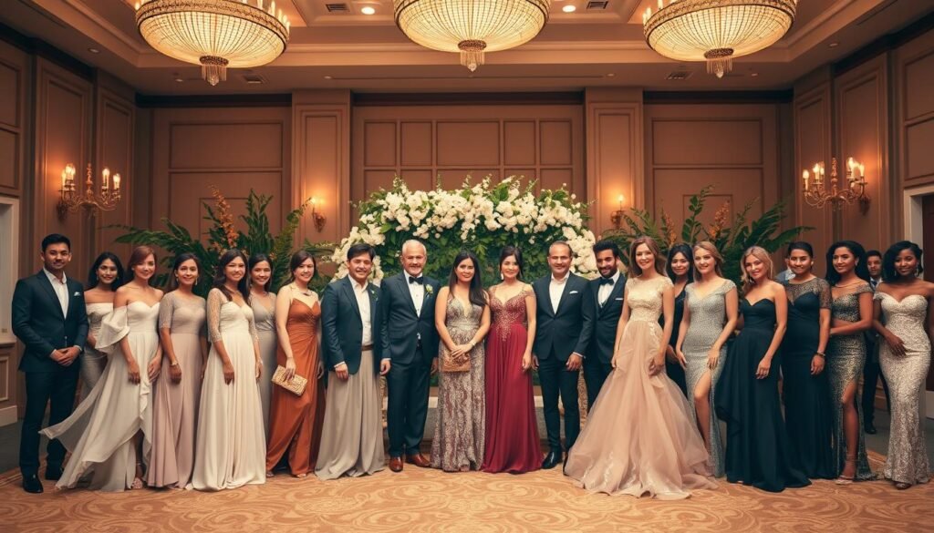 A grand ballroom with elegant chandeliers casting a warm, golden glow. In the foreground, a stunning display of diverse wedding guest attire - flowing chiffon dresses in soft pastels, tailored suits in rich hues, and glamorous evening gowns adorned with intricate beadwork. The middle ground features a mix of styles, from classic little black dresses to modern jumpsuits in bold patterns. In the background, a backdrop of lush greenery and delicate florals, creating a sense of lush, romantic ambiance. The lighting is soft and flattering, capturing the refined, sophisticated atmosphere of a formal wedding celebration.