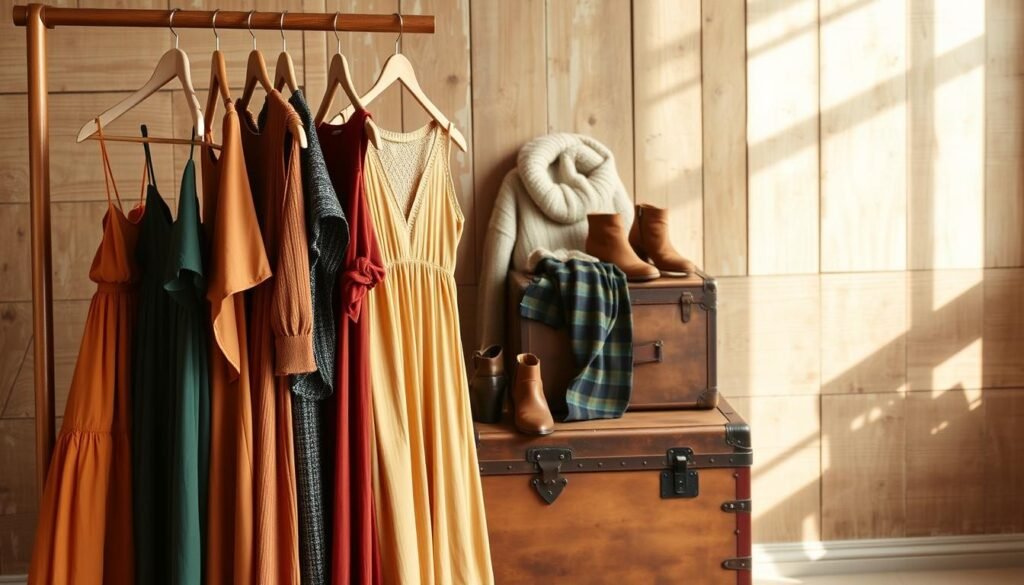 A group of casual autumn dress outfits arranged in a natural, relaxed setting. In the foreground, several dresses in warm, earthy tones - ochre, rust, and forest green - hang casually from a wooden rack, their soft, flowing fabrics inviting touch. In the middle ground, a cozy sweater and a pair of ankle boots sit atop a worn, vintage trunk, complementing the autumnal color palette. The background features a rustic, wooden wall with peeling paint, casting a warm, soft light across the scene, evoking a sense of comfort and ease. The overall mood is one of effortless style, perfect for everyday autumn wear.