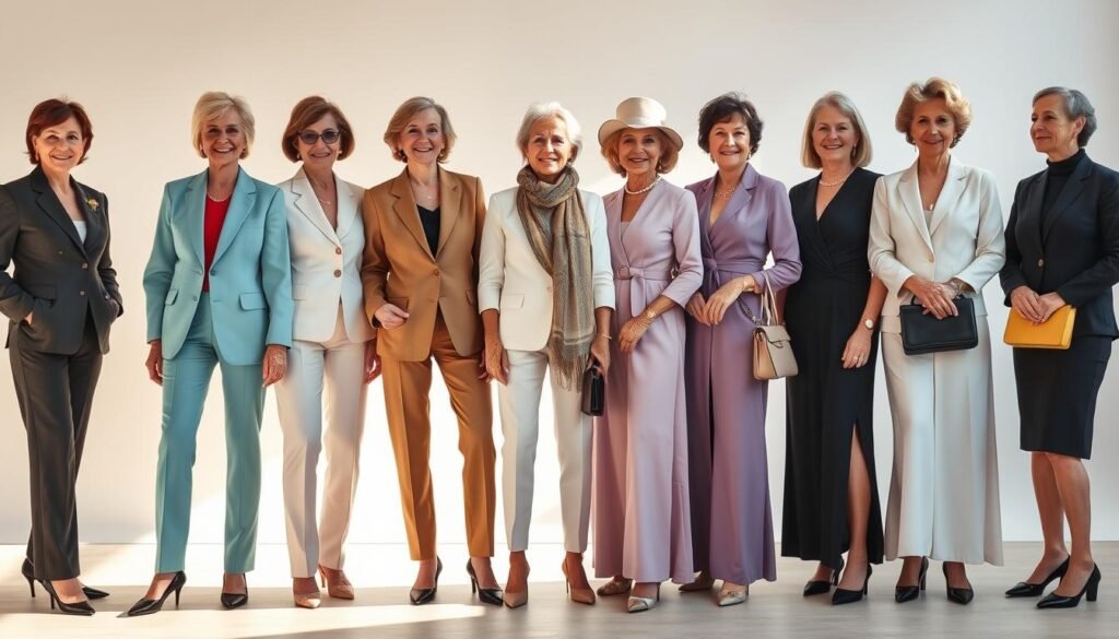 A group of fashionable women over 50, dressed in high-quality, elegant ensembles, posing confidently against a chic, minimalist backdrop. The foreground features a diverse range of stylish outfits, from tailored pantsuits to flowing maxi dresses, with accessories like statement jewelry, scarves, and handbags that complement the looks. The middle ground showcases the women's confident, poised expressions, conveying a sense of timeless sophistication. The background is a clean, neutral space, allowing the women's striking appearances to take center stage. Soft, natural lighting illuminates the scene, creating a warm, inviting atmosphere that celebrates the beauty and style of mature women.