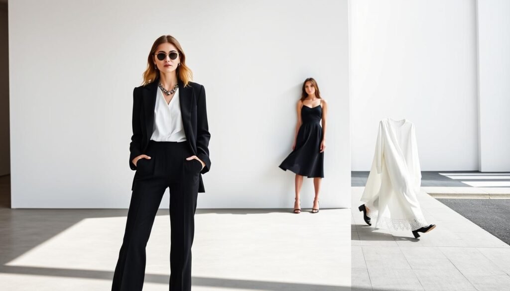 A high-fashion editorial shoot showcasing stylish black and white outfits for various occasions. In the foreground, a well-dressed woman confidently poses in a sleek monochrome ensemble - a tailored black pantsuit with crisp white blouse, accessorized with a statement necklace. The middle ground features another model casually leaning against a plain white wall, wearing a chic black midi dress with a flared skirt. In the background, a third model struts down a sleek city street in an minimalist all-white outfit - a flowing maxi dress with delicate lace trim. The lighting is soft and directional, creating dramatic shadows and highlights that accentuate the outfits' clean lines and high-contrast palette. The overall mood is one of effortless sophistication and timeless elegance.