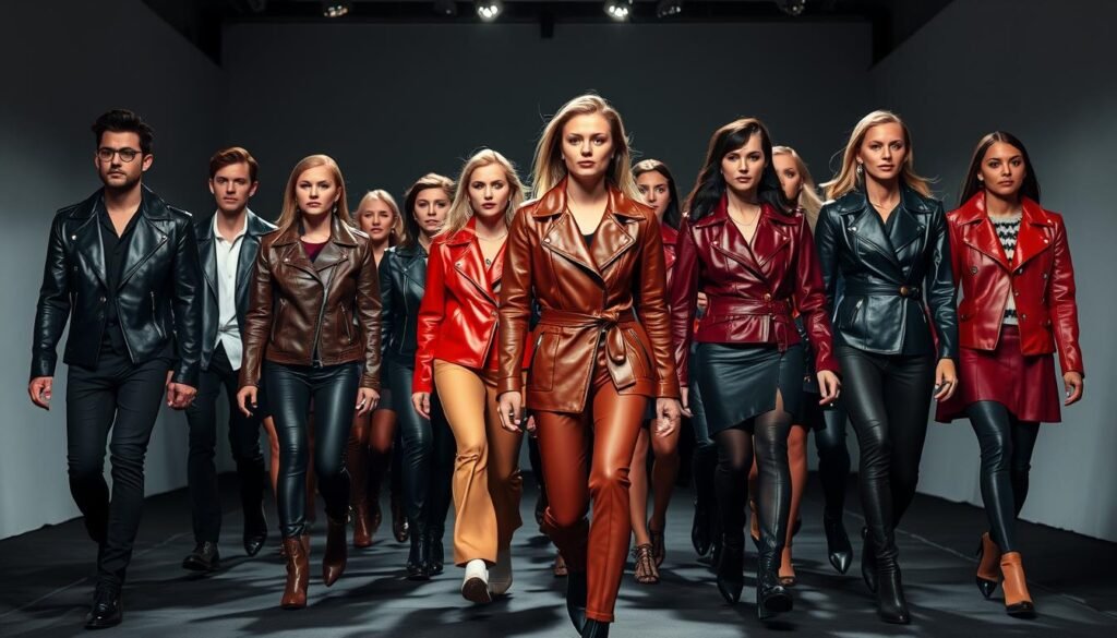 A high-fashion runway showcasing a diverse array of celebrity-inspired leather jacket styles. Prominent figures from the worlds of music, film, and fashion don sleek, tailored jackets in a variety of hues and silhouettes - from classic black biker styles to bold, colorful statements. The models stride with confidence under dramatic studio lighting, casting dynamic shadows that enhance the textural details of the leather. The scene is captured with a cinematic wide angle lens, framing the stylish ensembles against a clean, minimalist backdrop that allows the apparel to take center stage.