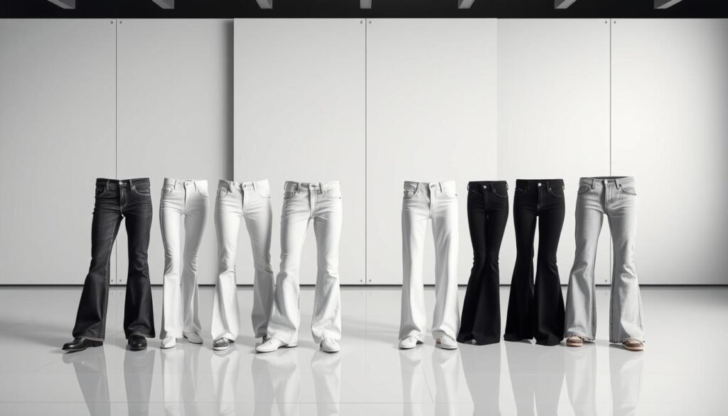 A high-fashion studio setting, with a clean, minimalist backdrop of white and black panels. In the foreground, a selection of white and black jeans in various silhouettes - slim, straight, bootcut, and wide-leg - artfully arranged on a sleek, reflective surface. Subtle shadows and diffused lighting highlight the intricate textures and shades of the denim, creating a sense of depth and dimensionality. The overall mood is one of elegance, simplicity, and a focus on the nuanced details that distinguish the different fits of these classic wardrobe essentials.