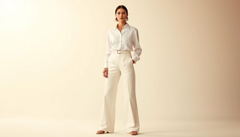 A high-fashion white pants outfit captured in a stylish editorial photoshoot. A model stands confidently in the foreground, wearing a crisp white button-down shirt tucked into wide-leg white trousers. The lighting is soft and diffused, creating a warm, ethereal atmosphere. The background is a minimalist studio setting with plain white walls, allowing the outfit to be the focal point. The camera angle is slightly elevated, creating a flattering perspective that accentuates the model's figure. The overall mood is one of effortless chic, showcasing the versatility and timelessness of a classic white trousers ensemble.