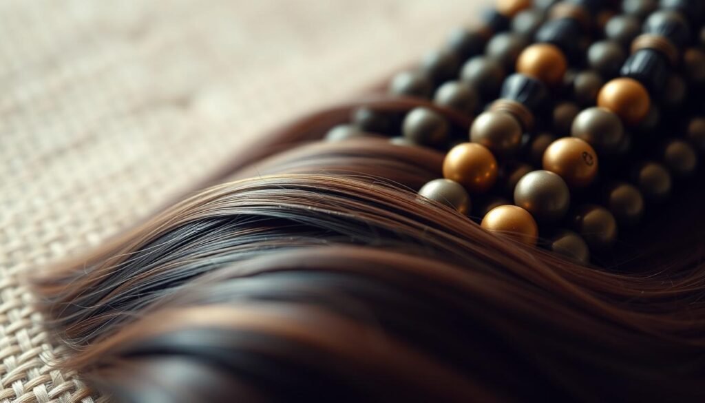 A high-quality close-up photograph of a set of beaded row hair extensions, showcasing the intricate details and textures. The extensions are neatly arranged, with each row of beads carefully aligned and the hair strands flowing smoothly. The lighting is soft and diffused, creating a warm and inviting atmosphere that highlights the natural beauty of the hair. The camera is positioned at eye level, capturing the extensions at a slightly upward angle to emphasize their volume and depth. The background is blurred, with a neutral, out-of-focus palette that allows the hair to be the primary focus of the image.