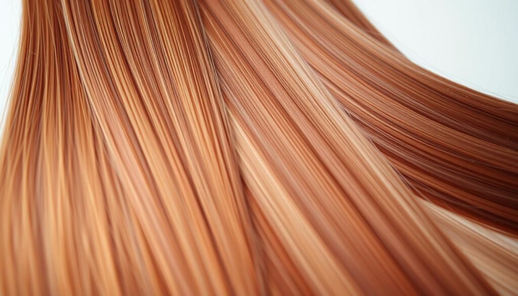 A high-quality close-up photograph of vibrant, healthy NBR hair extensions, showcasing their natural-looking texture and shine. The extensions are displayed against a pristine white background, allowing their rich, lustrous hues to take center stage. The lighting is soft and diffused, creating a flattering, even illumination that accentuates the smoothness and softness of the hair strands. The camera angle is positioned at eye level, providing a detailed, up-close perspective that invites the viewer to appreciate the fine details and quality of the NBR extensions. The overall mood is one of sophistication, elegance, and the promise of beautiful, natural-looking hair.