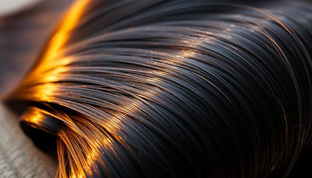 A high-quality close-up shot of a bundle of NBR (Natural Black Russian) hair extensions, showcasing their luster, smoothness, and natural-looking texture. The hair strands should be arranged in a visually appealing way, with a soft, warm lighting illuminating the extensions from the side, casting subtle shadows and highlights that accentuate the depth and dimensionality of the hair. The background should be slightly blurred, allowing the extensions to be the focal point of the image, creating a sense of depth and focus.