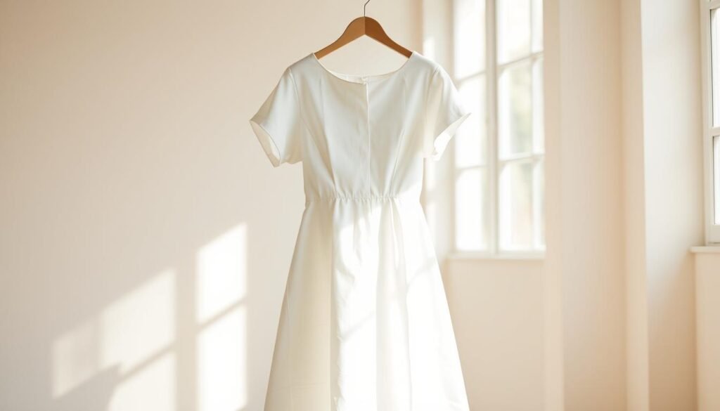A high-quality, elegantly tailored white dress featuring a classic A-line silhouette. The fabric is a crisp, lightweight cotton with a subtle sheen, falling gracefully from the shoulders to just above the knees. The neckline is a simple, refined boat cut, and the short sleeves offer a timeless, feminine touch. Soft, natural lighting from large windows bathes the dress in a warm, luminous glow, accentuating the dress's clean, minimalist design. The background is a serene, neutral-toned room, allowing the dress to be the focal point. The overall scene exudes a sense of effortless sophistication and timeless style.