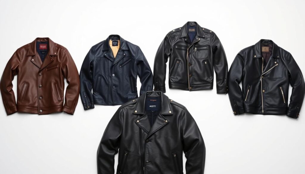 A high-quality studio photograph of the top 5 premium leather jacket brands, featuring a clean, minimalist background with soft lighting and a shallow depth of field. The jackets are displayed in a neat, symmetrical arrangement, showcasing their distinctive styles, textures, and logos. The brands highlighted are Schott, Acne Studios, Belstaff, AllSaints, and Madewell. The overall mood is one of sophistication, quality, and timeless style.