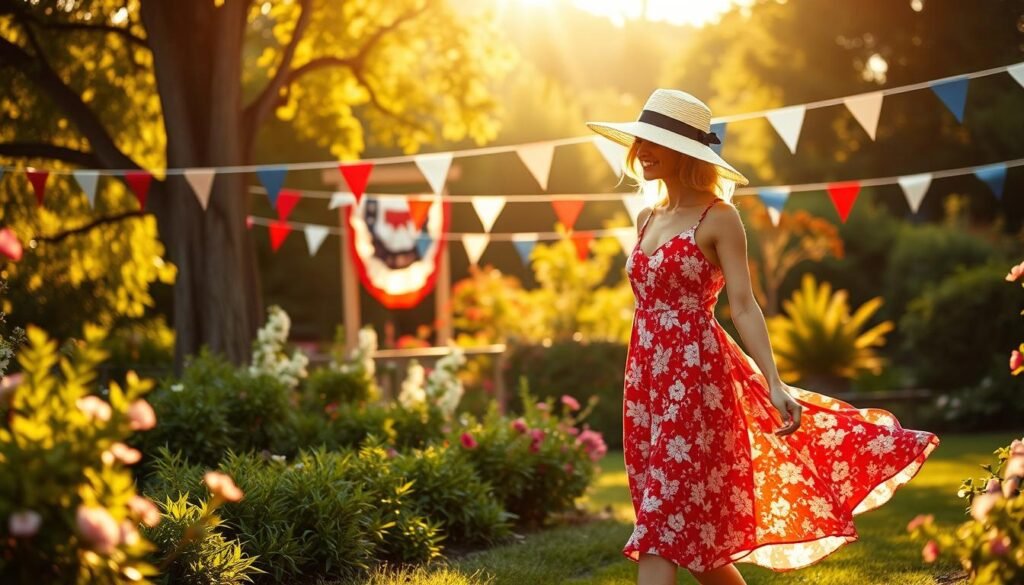 A lovely garden party scene in the golden afternoon sunlight. A graceful woman in a flowing red and white floral sundress strolls through a lush, verdant garden, her sun hat casting a gentle shadow over her face. In the background, decorative flags and bunting in patriotic red, white, and blue colors flutter in the light breeze, adding a festive touch. The scene is framed by towering trees and blooming shrubs, creating a warm, summery atmosphere. The woman's outfit and the setting perfectly capture the essence of chic, patriotic summer wedding guest style.