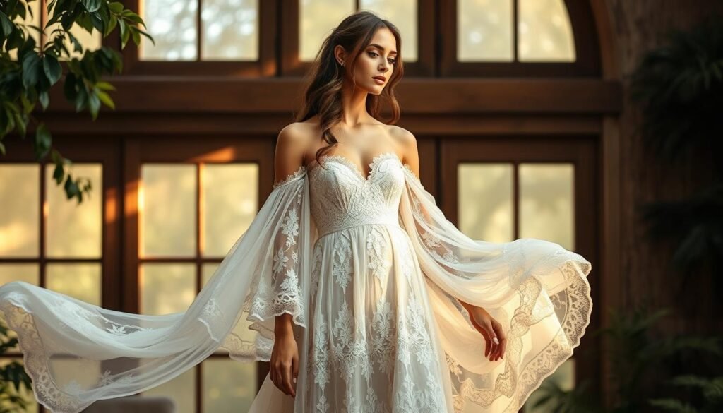A lush, flowing boho wedding dress with intricate lace details and sheer, billowing sleeves. The gown has an off-the-shoulder neckline and a romantic, A-line silhouette that moves gracefully with the model's every step. Soft, ambient lighting from a large window casts a warm, golden glow on the delicate fabric, highlighting the intricate patterns and creating a dreamy, ethereal atmosphere. The model stands in a serene, nature-inspired setting, surrounded by verdant foliage and soft, diffused light, embodying the essence of a high-end, bohemian-inspired wedding dress.