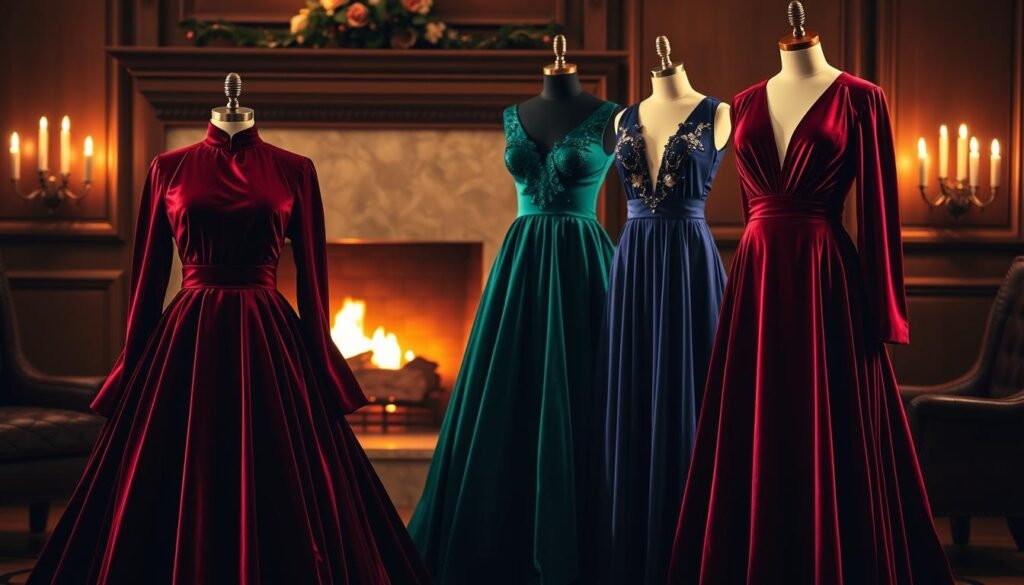 A luxurious winter evening scene, featuring a trio of elegant velvet dresses in rich, jewel-toned hues. The dresses are draped elegantly on forms, their lustrous fabric catching the warm, ambient lighting. In the foreground, a deep burgundy gown with a high collar and flowing sleeves commands attention. Beside it, a lush emerald green dress with a voluminous skirt and delicate embroidered details. In the back, a midnight blue dress with a plunging neckline and intricate beading cascades gracefully. The dresses are set against a backdrop of a cozy, dimly lit room, with a roaring fireplace casting a soft, golden glow. Subtle shadows and highlights accentuate the sumptuous textures and luxurious silhouettes, evoking a sense of opulence and wintertime indulgence.