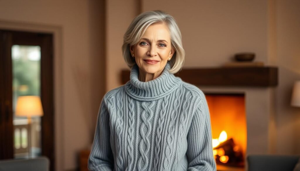 A mature woman wearing an elegant, soft gray cashmere sweater with a high collar and intricate cable knit pattern. The sweater has a relaxed, yet chic silhouette that flows gracefully over her figure. She stands in a beautifully lit, warm-toned interior, with a cozy fireplace in the background casting a gentle glow. The lighting is soft and flattering, highlighting the delicate texture of the knitwear. The atmosphere is calm, inviting, and exudes a sense of timeless sophistication.