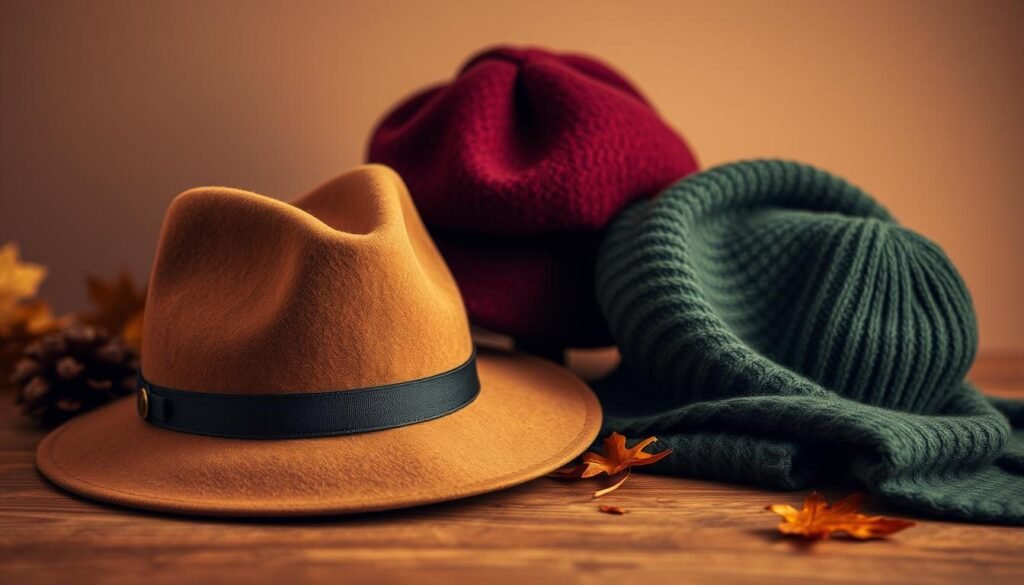 A meticulously arranged still life featuring a curated selection of premium fall hats. In the foreground, a soft felt fedora with a wide brim sits atop a smooth wooden surface, its earthy hue complementing the cozy autumn ambiance. In the middle ground, a structured wool beret in a rich burgundy shade rests elegantly, its textured surface catching the warm, diffused lighting. In the background, a luxurious cashmere beanie in a deep, muted green hue is artfully draped, its plush fibers exuding an air of refined sophistication. The overall composition evokes a sense of autumnal elegance and timeless style.