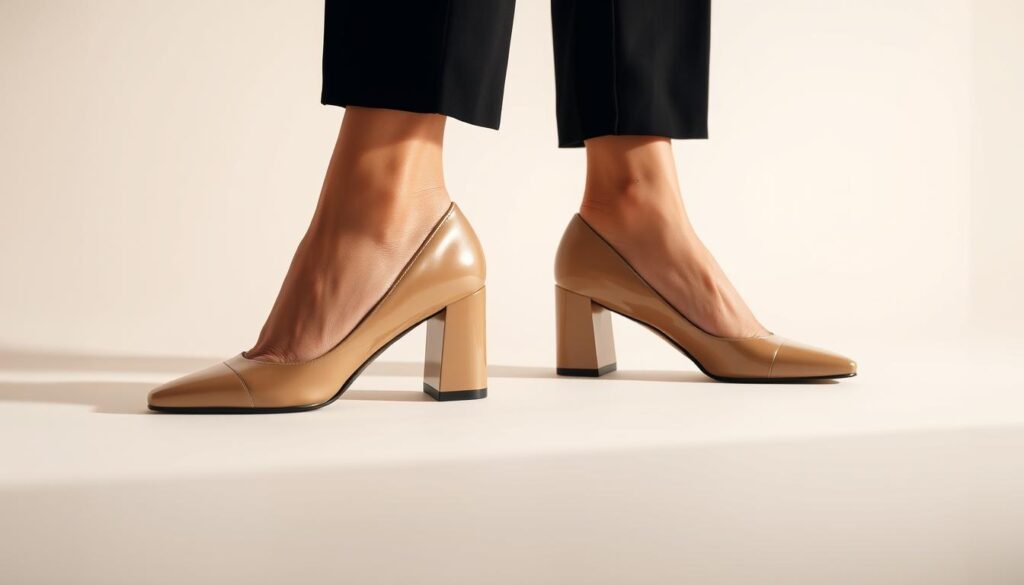 A meticulously composed studio shot of a pair of iconic Chanel block heels in a neutral color, beautifully lit from the side to highlight their sleek, angular silhouette. The shoes are set against a minimalist, off-white backdrop, allowing the graceful lines and exquisite craftsmanship to take center stage. The image conveys a sense of elegant simplicity, effortlessly showcasing how to style these timeless block heels without distracting embellishments or busy backgrounds. The overall mood is one of refined sophistication, gently guiding the viewer towards a deeper understanding of how to wear Chanel block heels with poise and confidence.