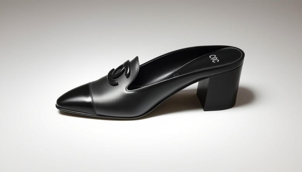 A meticulously crafted Chanel block heel, exquisitely photographed. The iconic interlocking Cs embellish the leather toe cap, while the sleek heel tapers to a sharp point. Smooth, supple calfskin leather forms the shoe's body, its surface reflecting the surrounding light. The heel itself is a masterpiece of engineering, its sturdy block silhouette balanced by subtle curves. Illuminated from above, the shoe's details are highlighted, showcasing the impeccable craftsmanship. A neutral backdrop allows the shoe to take center stage, its timeless elegance commanding attention. This is the essence of authentic Chanel, a testament to the brand's uncompromising dedication to quality.
