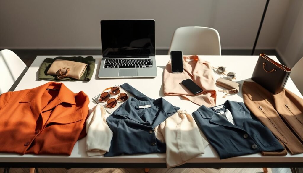 A meticulously curated collection of fashion items laid out on a sleek, minimalist table. In the foreground, a well-styled array of chic casual-elegant outfits, including high-quality fabrics, tasteful accessories, and a cohesive color palette. The middle ground features a laptop and smartphone, signifying the online shopping experience, with a warm, natural lighting illuminating the scene. In the background, a simple, uncluttered backdrop allows the focal point to shine, conveying a sense of effortless sophistication and discerning taste. The overall mood is one of refinement, curation, and the joy of discovering unique, stylish pieces through the convenience of online shopping.