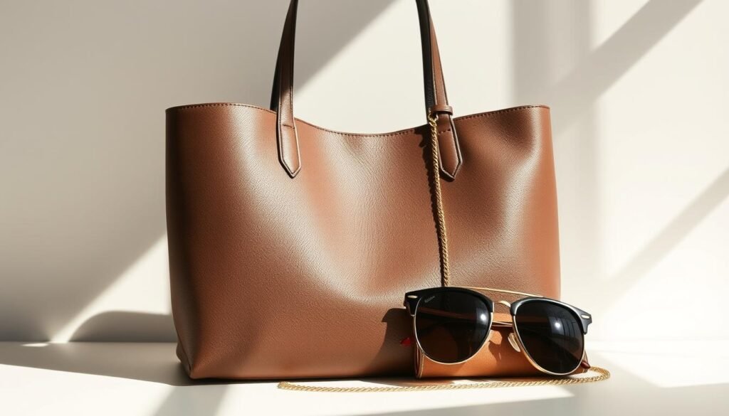 A meticulously curated collection of signature accessories against a minimalist background. Elegant leather tote bag, sleek sunglasses, and a delicate gold chain necklace are arranged in a visually captivating still life. Soft, natural lighting casts gentle shadows, highlighting the refined textures and subtle shine of the thoughtfully selected items. The overall mood is one of effortless sophistication, inviting the viewer to envision how these key pieces could elevate and personalize a casual yet chic everyday look.