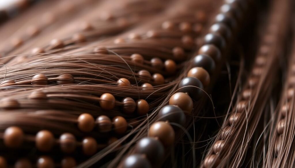 A meticulously detailed close-up view of beaded row hair extensions, showcasing the intricate patterns and textures. Captured in soft, natural lighting that accentuates the subtle sheen and individual strands. The focus is on the beaded rows, with a shallow depth of field that gently blurs the background, drawing the viewer's attention to the unique styling technique. The image conveys a sense of delicacy and precision, hinting at the potential challenges and considerations when wearing this type of hair extension.