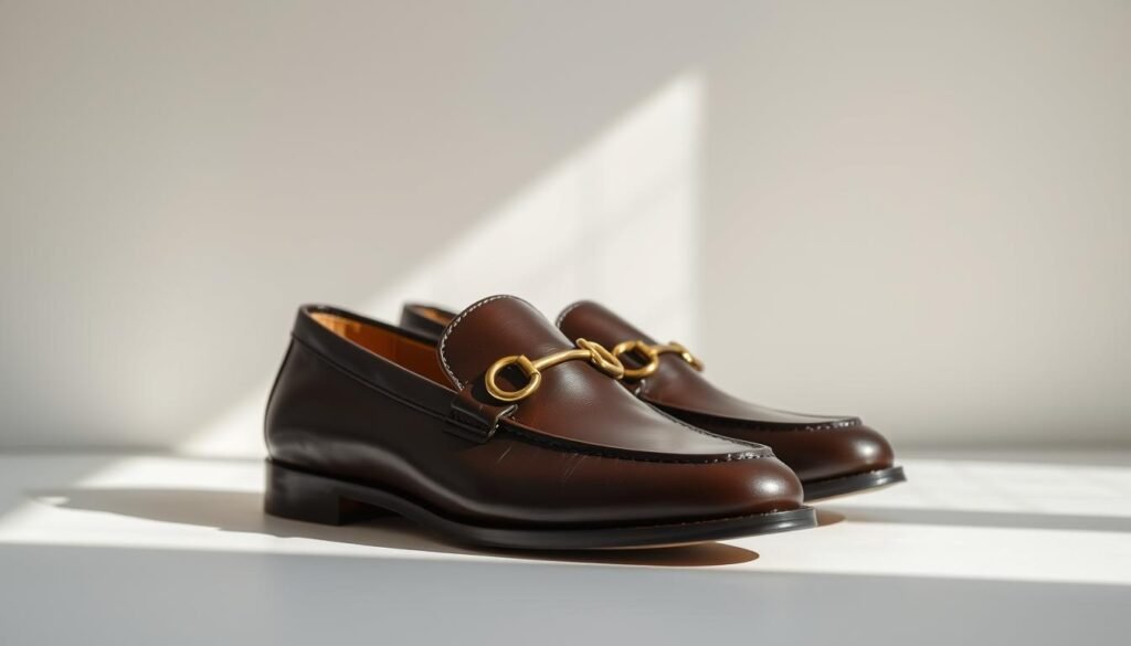 A meticulously detailed still life study of a pair of Gucci Princetown loafers, showcased against a simple, minimalist backdrop. The loafers are prominently displayed, capturing their exquisite craftsmanship and Italian-made quality. Soft, natural daylight illuminates the scene, casting gentle shadows that accentuate the leather's supple texture and sheen. The composition emphasizes the loafers' elegant silhouette and iconic horsebit hardware, inviting the viewer to examine the footwear's fine details. A calm, contemplative mood pervades the image, reflecting the thoughtful care and attention required to maintain these luxurious, timeless shoes.