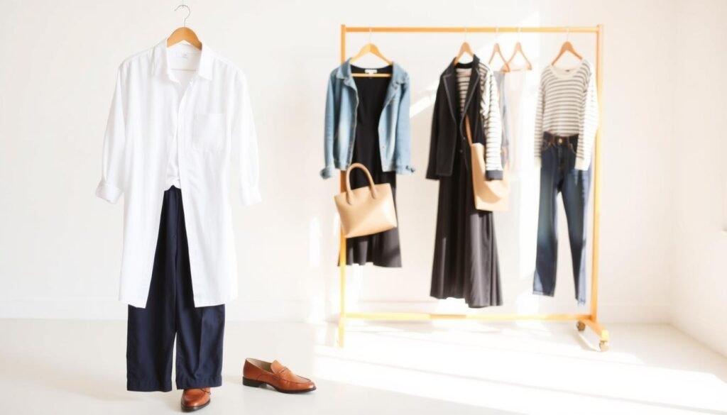 A minimalist capsule wardrobe set against a bright, airy backdrop. In the foreground, a clean white button-down shirt, a pair of crisp navy blue chinos, and classic leather loafers. In the middle ground, a simple black a-line dress, a denim jacket, and a neutral-toned tote bag. In the background, a wooden clothing rack displaying a few versatile pieces like a white t-shirt, a striped sweater, and a pair of dark wash jeans. Diffused natural lighting casts a warm, summery glow over the scene, evoking a sense of effortless style and practicality.