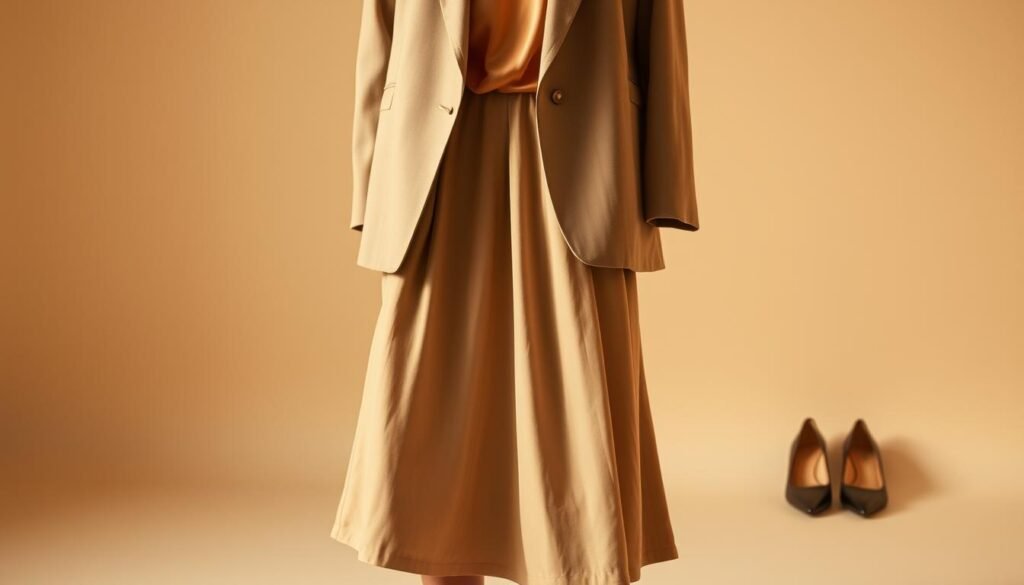 A minimalist, elegant wardrobe consisting of transitional outfit layers. In the foreground, a flowing midi skirt in a neutral tone, paired with a sleek, tailored blazer in a complementary hue. In the middle ground, a silky camisole in an accent color, creating visual interest. In the background, a pair of classic pointed-toe pumps in a rich leather. Warm, diffused lighting casts a soft, sophisticated glow, highlighting the textures and creating a sense of effortless sophistication. Shot at a medium angle to capture the full figure, the image conveys a sense of timeless style and versatility.
