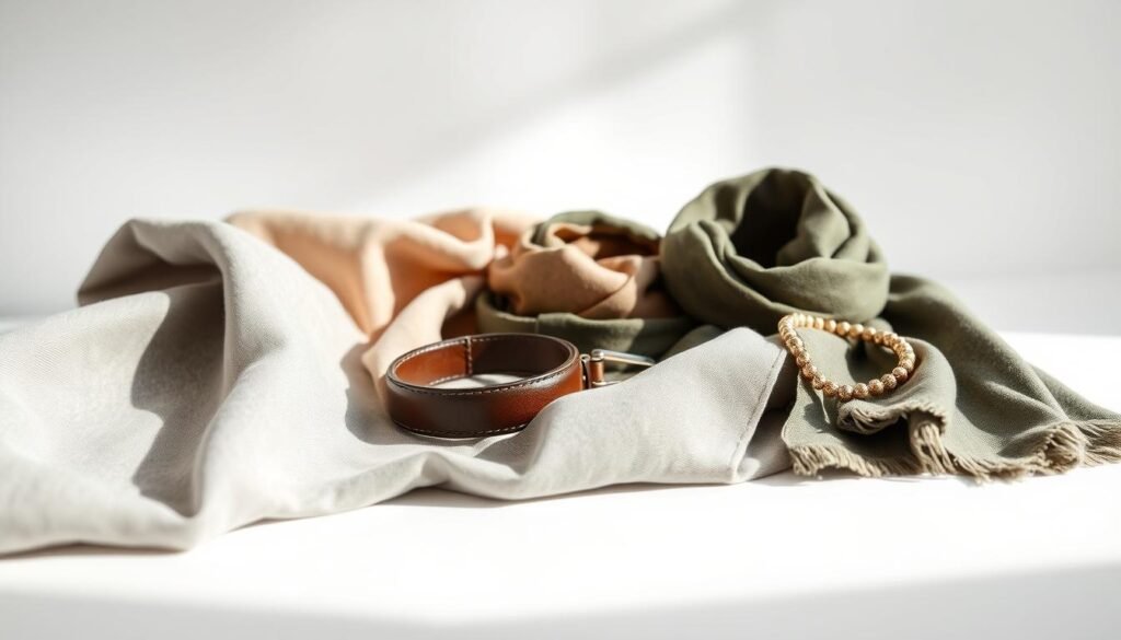A minimalist still life showcasing a harmonious arrangement of versatile color combinations, shot in soft, natural lighting with a shallow depth of field. In the foreground, an assortment of high-quality fabrics in a range of subdued tones - muted grays, soft beiges, and earthy greens. The middle ground features carefully curated fashion accessories like scarves, belts, and jewelry that complement the fabric swatches. The background fades into a clean, white backdrop, allowing the colors and textures to take center stage. The overall mood is one of refined simplicity, highlighting the versatility and timeless appeal of a well-considered capsule wardrobe.