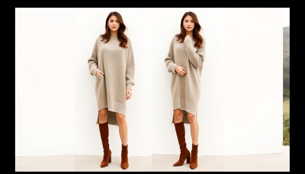 A model wearing a cozy, oversized sweater dress in a neutral tone, paired with high-heeled suede boots in a complementary hue. The outfit is styled against a backdrop of a minimalist, natural setting, such as a clean white wall or a serene nature scene, to allow the focus to remain on the fashionable ensemble. Soft, diffused lighting highlights the texture of the knit fabric and the smooth finish of the boots, creating a warm and inviting atmosphere. The model strikes a relaxed, yet confident pose, showcasing the versatility and effortless elegance of this classic fall/winter look.