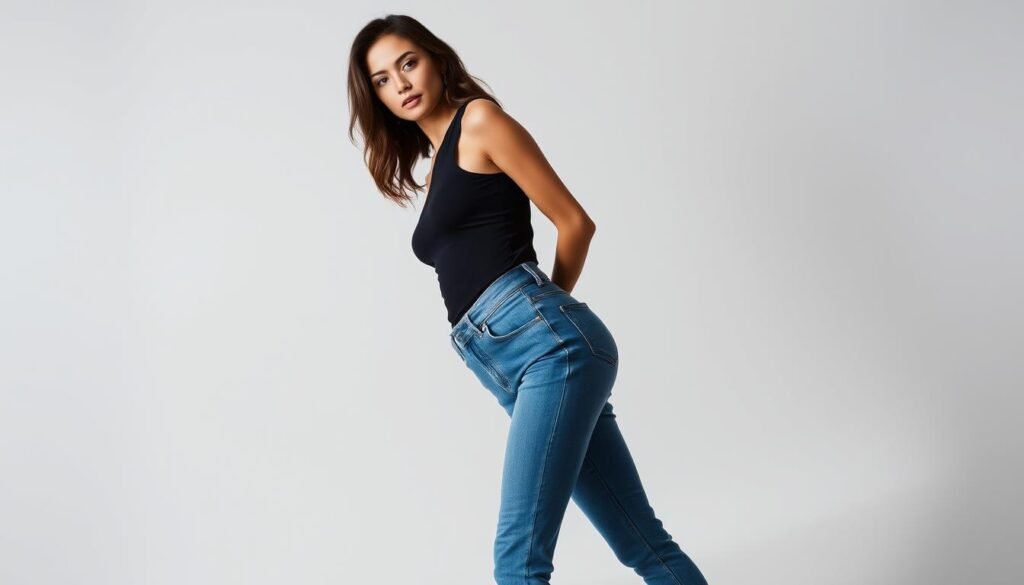 A modern woman poses confidently in a chic outfit, featuring a sleek black top and well-fitted blue jeans. The lighting is soft and flattering, with gentle shadows accentuating her silhouette. The background is a minimalist, neutral-toned setting, allowing the subject to take center stage. The overall atmosphere is one of effortless style and refinement, showcasing how jeans and a black top can be elevated for any occasion.