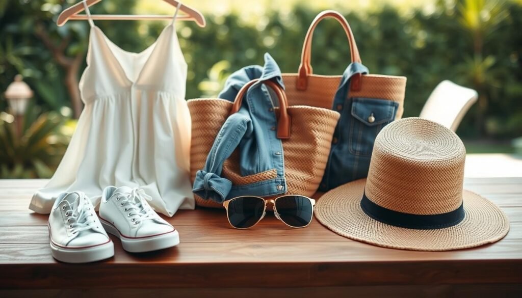 A neatly arranged table showcases a harmonious balance of essential summer pieces. In the foreground, a pair of crisp white sneakers, a flowing sundress, and a lightweight denim jacket are artfully displayed. The middle ground features a straw tote, oversize sunglasses, and a beach-ready sun hat, while the background subtly suggests a serene outdoor setting - perhaps a sun-dappled patio or a verdant garden. The overall composition evokes a sense of effortless chic, with the items arranged in a visually appealing manner that highlights their versatility and timelessness. Soft, natural lighting enhances the summery ambiance, creating a picturesque scene that captures the essence of building a practical yet stylish summer wardrobe.