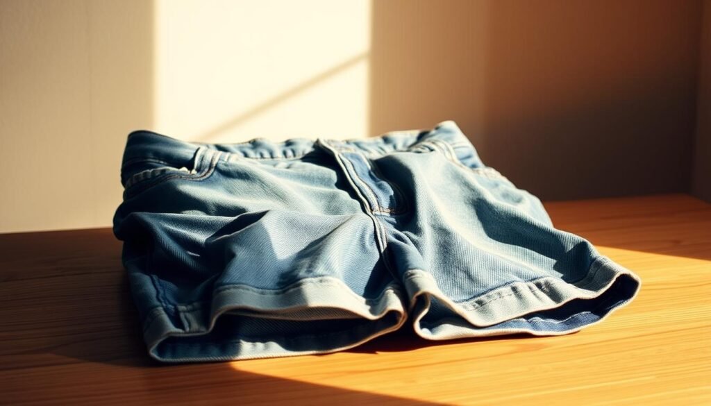 A neatly folded pair of denim shorts rests on a wooden surface, illuminated by warm, natural lighting. The textured fabric catches the light, highlighting the subtle shades of blue and distressed details. In the background, a simple, neutral-toned wall provides a clean, minimalist backdrop, allowing the focus to remain on the garment. The composition conveys a sense of care, attention to detail, and the essence of a summer essential - a visually appealing and informative representation of the "Care Guide: Maintaining Your Parker Shorts" section.