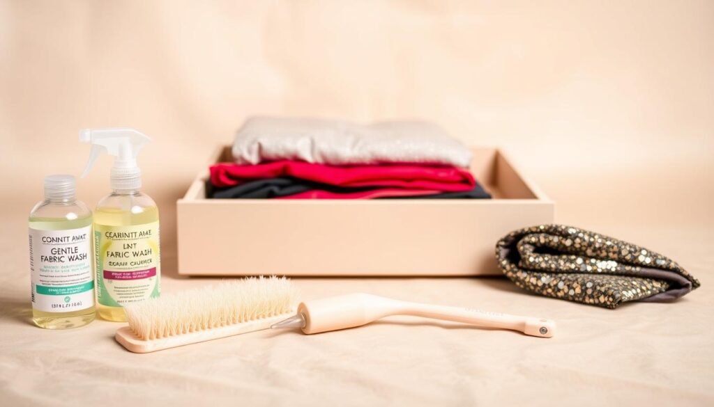 A neatly organized array of sequin pant care essentials laid out on a soft, neutral-colored background. In the foreground, various cleaning supplies including a gentle fabric wash, a soft bristle brush, and a lint roller are carefully arranged. In the middle ground, an open drawer reveals folded sequin pants in a variety of colors, ready for proper storage. The lighting is soft and diffused, creating a serene, high-end atmosphere. The composition is balanced and visually appealing, highlighting the essential tools needed to maintain the luster and longevity of sequin pants.