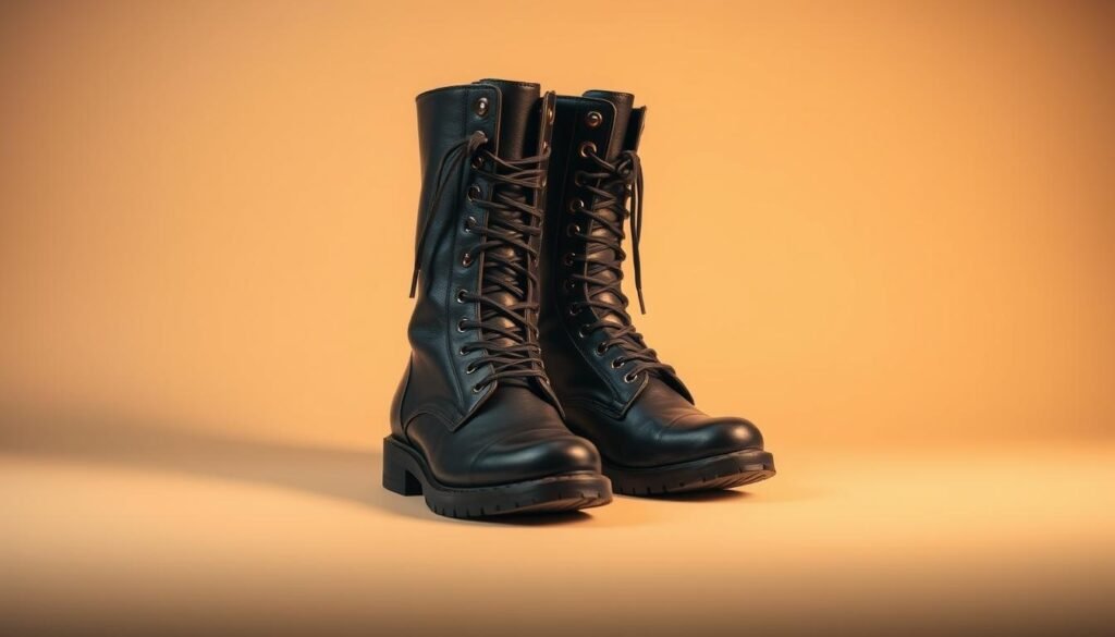 A pair of Chanel combat boots standing on a neutral background, showcasing their distinctive silhouette, premium leather construction, and iconic hardware details. The lighting is warm and diffused, highlighting the luxurious texture and quality craftsmanship. The boots are positioned to emphasize their sturdy, durable design, conveying a sense of authenticity and timeless style. The composition is clean and minimalist, allowing the boots to be the central focus, inviting the viewer to closely examine their construction and evaluate their value and authenticity.