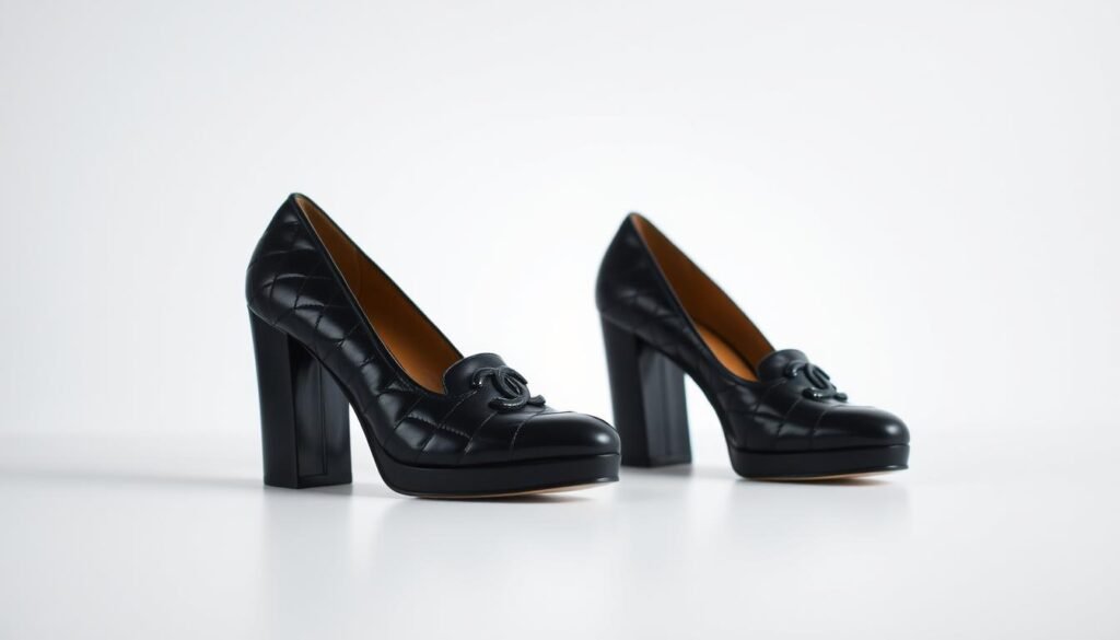 A pair of elegant Chanel block heels, capturing the timeless sophistication of the brand. The shoes stand prominently in the center of the frame, their sleek black leather and iconic quilted pattern gleaming under soft, flattering lighting. The background is minimalist and uncluttered, allowing the shoes to be the focal point, exuding a sense of refined luxury. The camera angle is slightly elevated, highlighting the shapely silhouette and sturdy, well-crafted heel. An aura of effortless style and understated glamour permeates the scene, embodying the essence of the Chanel aesthetic.