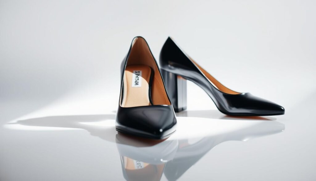 A pair of elegant Chanel block heels in a rich, glossy black leather, captured in a meticulously lit studio setting. The shoes are displayed on a smooth, reflective surface, casting subtle shadows that add depth and dimension. The lighting is soft and diffused, accentuating the sleek lines and curves of the heels. The background is a clean, minimalist backdrop, allowing the shoes to be the focal point. The overall composition conveys a sense of sophistication and glamour, perfectly suited for a special occasion.