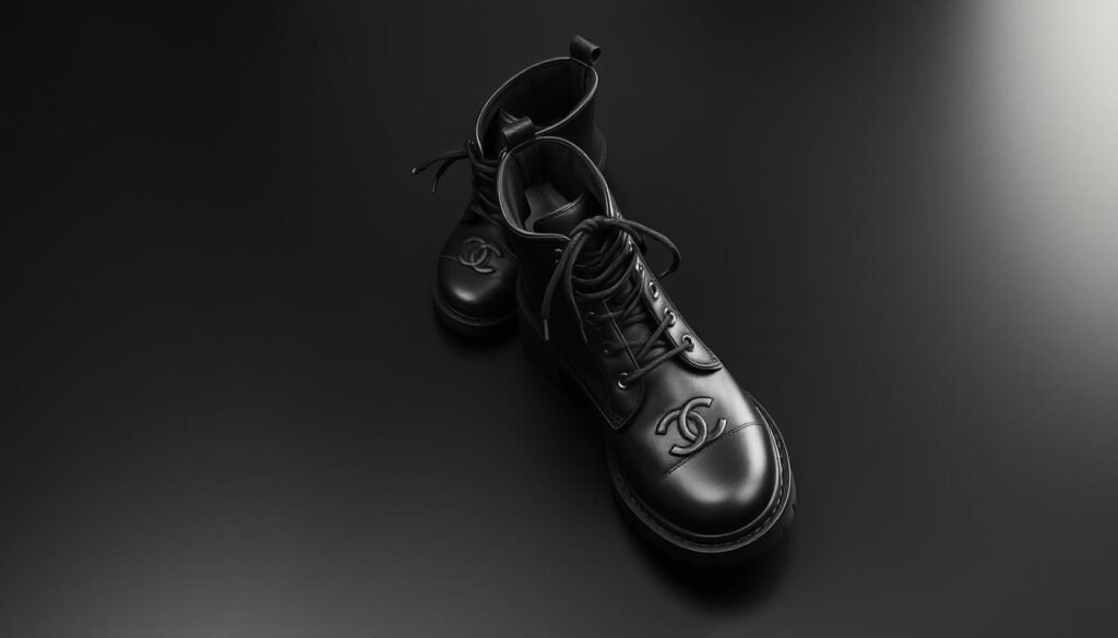 A pair of iconic Chanel combat boots resting on a sleek, dark surface. The boots are crafted from supple black leather, featuring the distinctive Chanel logo prominently displayed on the toe cap. The laces are tightly tied, creating a sturdy, military-inspired silhouette. Overhead, a soft, flattering light casts subtle shadows, highlighting the intricate stitching and hardware details. The background is a muted, monochromatic palette, allowing the boots to take center stage and command attention. The overall composition conveys a sense of timeless elegance and the enduring influence of Chanel's design legacy on the evolution of combat-inspired footwear in high fashion.