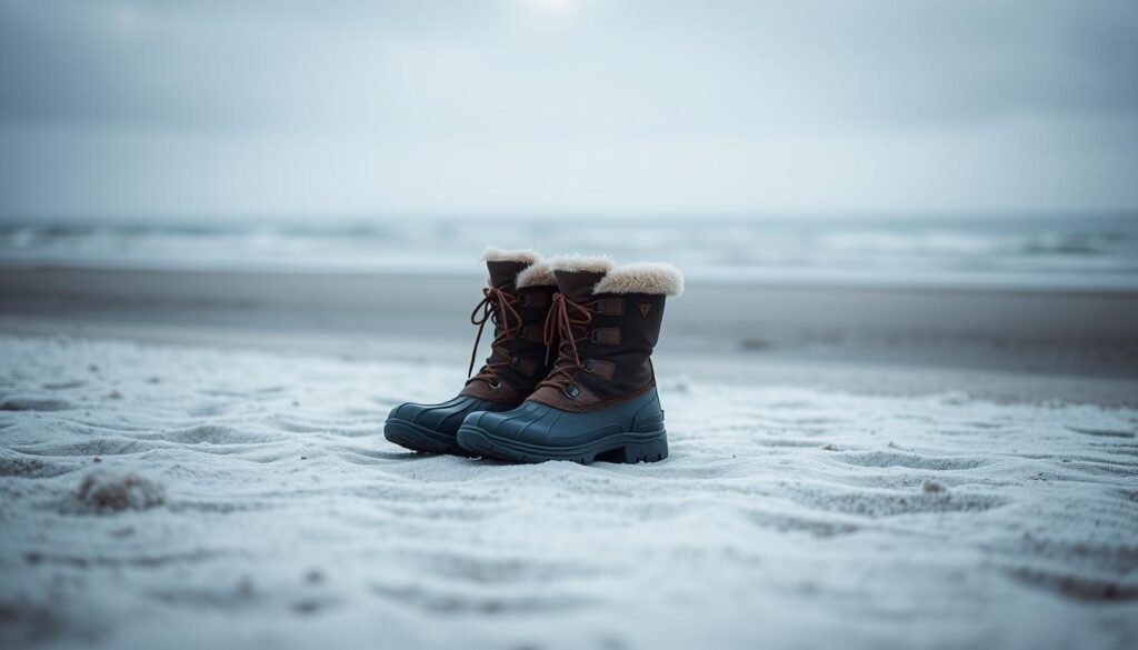 A pair of insulated winter beach boots standing on a frost-covered sandy shore, with a gentle ocean breeze blowing. The boots are made of durable waterproof material with a thick treaded sole, designed to keep feet warm and dry in cold coastal conditions. Soft lighting from the overcast sky casts a muted, atmospheric glow over the scene, emphasizing the contrast between the stark winter landscape and the cozy footwear. The boots are the focal point, positioned in the foreground to draw the viewer's attention, while the middle ground features the textured sand and the distant horizon line. The overall mood is one of rugged practicality and weathered tranquility, perfectly suited for a day spent exploring the chilly, windswept beach.
