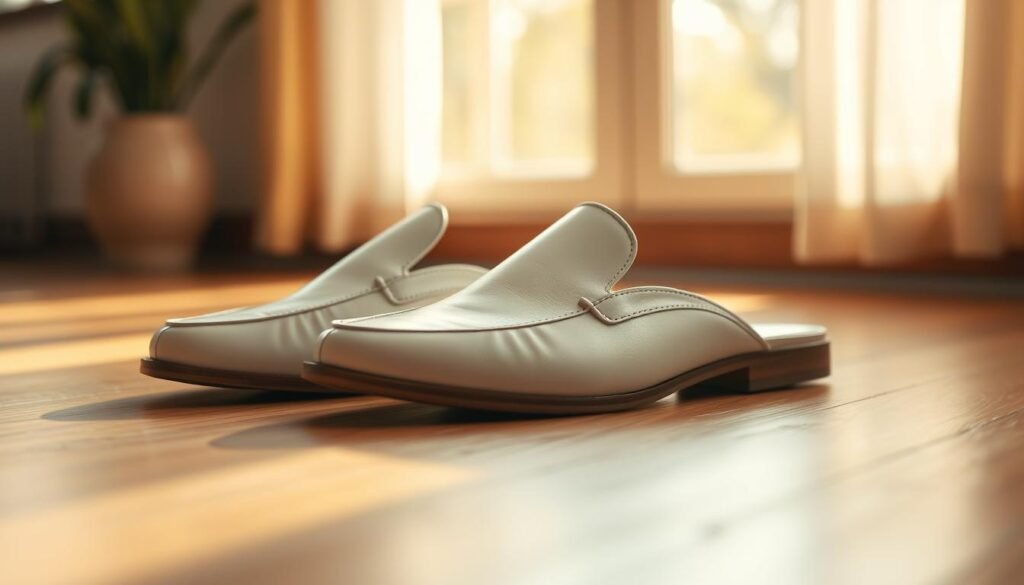 A pair of pristine white mule shoes, crafted with premium leather, sit atop a smooth, hardwood floor, illuminated by warm, natural light filtering through a nearby window. The shoes' sleek, classic silhouette is accentuated by subtle stitching and a polished, gleaming finish. The scene exudes a sense of elegance and timelessness, inviting the viewer to imagine how these versatile, comfortable shoes could elevate any casual or formal ensemble. The background is subtly blurred, allowing the shoes to be the central focus, showcasing their versatility and ability to effortlessly transition between different settings and occasions.