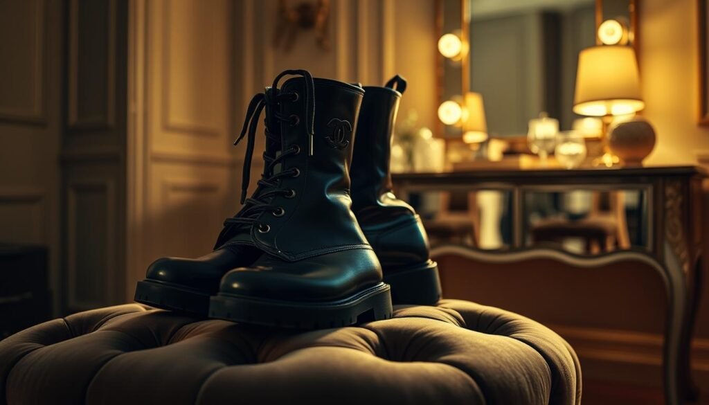 A pair of sleek, black Chanel combat boots resting on a plush, velvet ottoman. The boots are adorned with the iconic interlocking C logo, gleaming in the soft, golden lighting. In the background, a elegant, mirrored vanity reflects the boots, casting a warm glow across the scene. The moody, romantic atmosphere evokes a sense of evening glamour, suggesting the versatility of these boots to be dressed up for a night out. The camera angle accentuates the bold, chunky silhouette of the boots, highlighting their strategic design and premium craftsmanship.