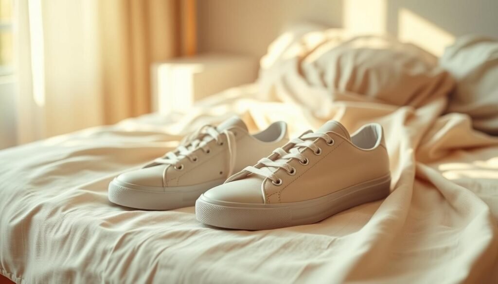 A pair of sleek, minimalist sneakers in a neutral hue rests on a linen dress in a soft, flowing silhouette. The dress has a delicate floral pattern, adding a touch of femininity. The scene is bathed in warm, natural lighting, creating a cozy, relaxed atmosphere. The sneakers and dress are arranged in the foreground, with a blurred, soft background that suggests an interior space, perhaps a bedroom or a living room. The overall mood is one of effortless, budget-friendly style, perfectly capturing the essence of the "Budget-Friendly Sneakers That Pair Well with Dresses" section of the article.