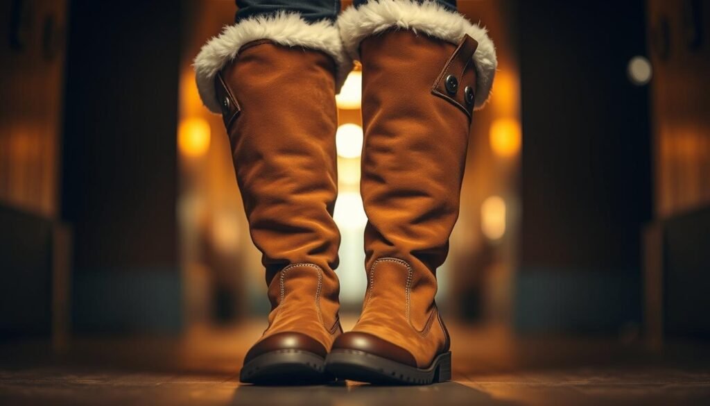 A pair of stylish knee-high shearling winter boots standing in the center of the frame. The boots have a sleek, modern design with a suede upper and a thick, plush shearling lining. The lighting is warm and atmospheric, creating a cozy, inviting mood. The background is blurred, drawing the eye to the intricate details of the boots - the subtle stitching, the polished hardware, and the supple leather. The angle is slightly tilted, giving the image a dynamic, fashionable feel. The overall tone is one of effortless elegance, showcasing the boots as the ultimate winter street style statement.