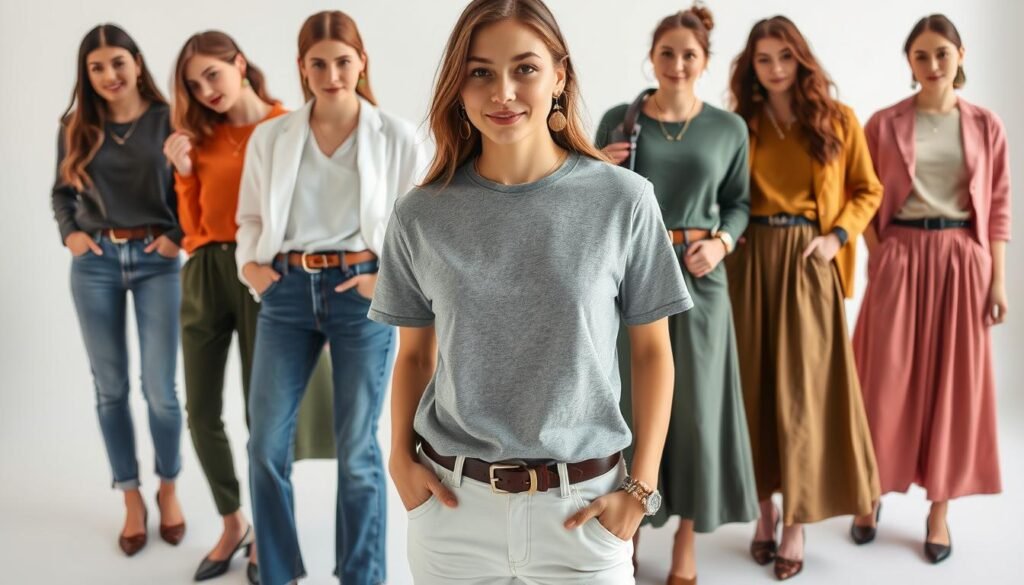 A perfectly styled gray shirt paired with a range of coordinating colors, creating a collection of chic and versatile outfits. In the foreground, the gray tee is the focal point, complemented by a variety of bottoms - from sleek denim jeans to flowing midi skirts. The middle ground showcases stylish accessories like leather belts, delicate necklaces, and statement earrings that enhance the overall look. The background features a clean, minimalist setting with soft, diffused lighting, allowing the outfits to shine. The overall mood is one of effortless sophistication, showcasing how a simple gray shirt can be the foundation for a variety of stunning, fashion-forward ensembles.