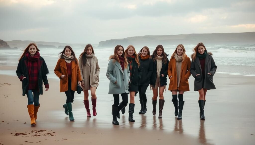 A picturesque winter beach scene, with models dressed in stylish cold-weather attire. In the foreground, young women stroll along the shore, bundled up in cozy sweaters, wool coats, and knee-high boots. The middle ground features a group posing playfully, their vibrant, layered outfits complementing the muted tones of the overcast sky and crashing waves. In the background, the silhouettes of dunes and distant cliffs create a moody, atmospheric backdrop, illuminated by a warm, diffused natural light that casts a gentle glow on the scene. The overall impression is one of effortless, fashionable coastal adventure.