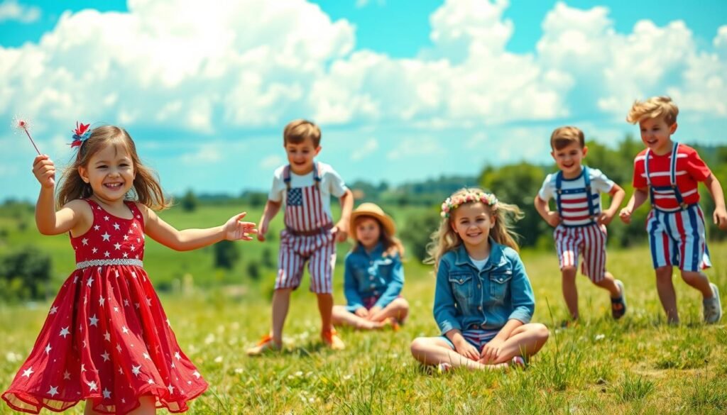A playful group of kids dressed in vibrant red, white, and blue outfits, frolicking in a sun-dappled field. In the foreground, a young girl in a star-spangled dress twirls with a sparkly wand, her laughter filling the air. Behind her, two boys in patriotic overalls and t-shirts play tag, their energy radiating from the scene. In the middle ground, a girl in a denim jacket and stars-and-stripes shorts sits cross-legged, braiding a flower crown. The background features a lush, verdant landscape, with billowing clouds in a bright blue sky overhead, creating a warm, joyful atmosphere full of youthful exuberance.