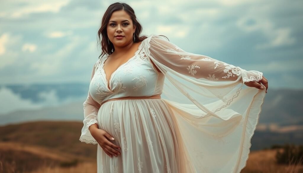 A plus-size model confidently poses in a flowing, boho-inspired wedding dress. The dress features delicate lace details, billowing sheer sleeves, and a romantic floral embroidered pattern. Soft, natural lighting illuminates the model's face, highlighting her serene expression. The dress gracefully drapes over her curves, accentuating her figure. The background is a dreamy, hazy landscape with rolling hills and a cloudy, azure sky, creating a sense of tranquility and timelessness. This image evokes a whimsical, ethereal mood, perfectly capturing the essence of a plus-size boho wedding dress.