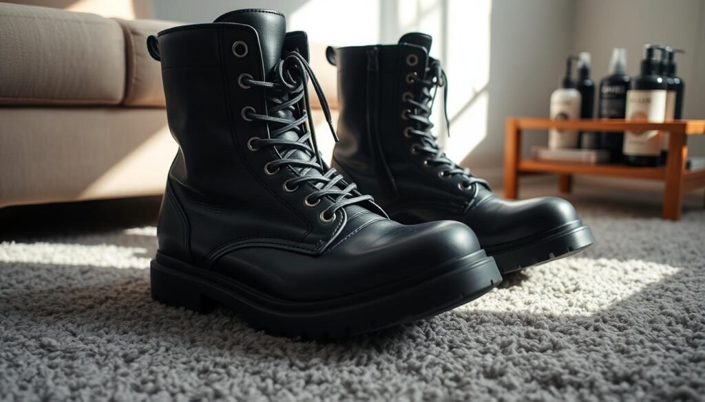A pristine pair of Chanel combat boots rests atop a plush gray carpet, their black leather polished to a high sheen. Soft, natural lighting bathes the scene, casting subtle shadows that accentuate the rugged yet refined details of the footwear - the thick, treaded soles, the iconic interlocking C logo, the sturdy zippers and laces. In the background, a discreet wooden table holds a selection of high-end leather care products, hinting at the meticulous attention required to maintain the luxury and durability of these iconic boots. The overall mood is one of understated elegance and attention to craftsmanship, befitting the Chanel brand and the exacting standards of its discerning clientele.