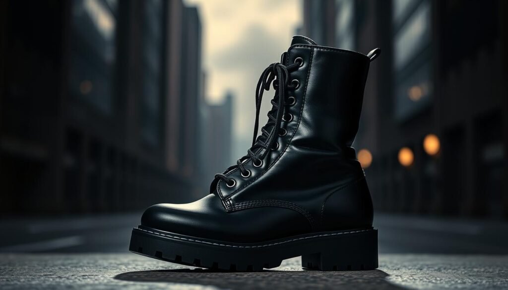 A pristine pair of Chanel combat boots stands tall, their sleek black leather gleaming under the soft light. The boots are meticulously detailed, with the iconic Chanel double-C logo proudly emblazoned on the outer side. The boots are laced up with precision, exuding a sense of strength and resilience. The background is a moody, urban setting, with a slightly blurred cityscape in the distance, hinting at the dynamic energy that these boots can navigate with ease. The overall composition and lighting create a captivating, high-fashion editorial feel, showcasing the allure of these Chanel boots as a luxurious yet edgy fashion statement.