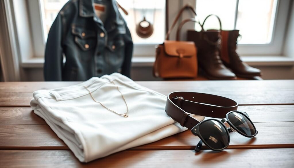 A pristine pair of white and black jeans rests on a minimalist wooden table, surrounded by a curated selection of stylish accessories. In the foreground, an elegant leather belt, a delicate gold necklace, and a pair of sleek sunglasses catch the soft, natural light filtering in through a large window. In the middle ground, a well-worn denim jacket and a statement-making pendant hang in perfect harmony, while in the background, a pair of chic leather boots and a structured handbag add the finishing touches to this carefully curated scene. The overall mood is one of effortless sophistication, inviting the viewer to imagine the endless possibilities of accessorizing their white and black jeans.