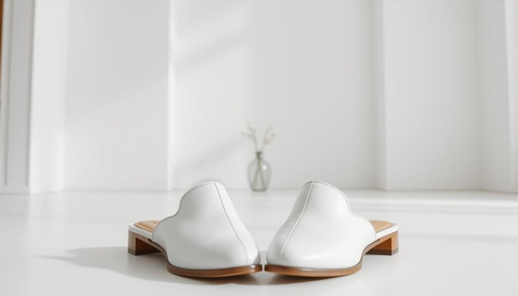 A pristine pair of white mules stands in the foreground, their sleek leather glistening under soft, diffused lighting. The mules are set against a backdrop of a minimalist, monochrome interior - clean, airy walls offset by warm, natural wood tones. In the middle ground, a few carefully curated accessories, such as a simple vase of fresh flowers, create a sense of balance and harmony. The overall mood is one of quiet sophistication and elegant simplicity, inviting the viewer to imagine how these versatile white mules could elevate any wardrobe.